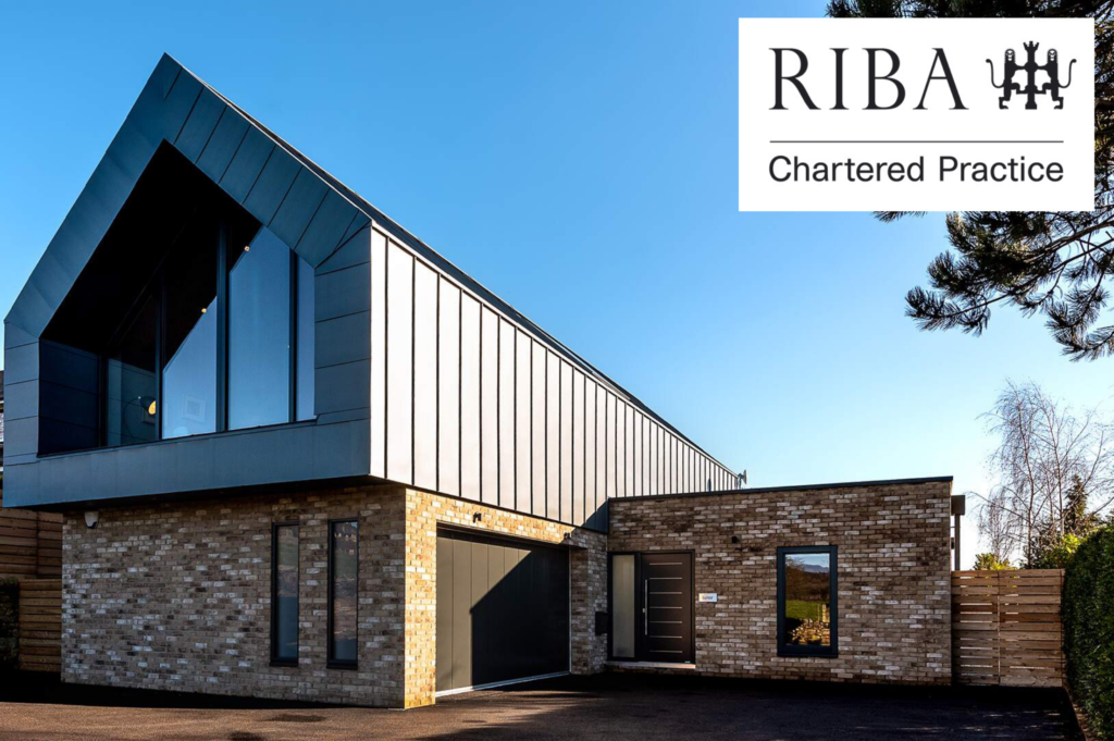 A RIBA Chartered Practice logo over a building that our architects have designed