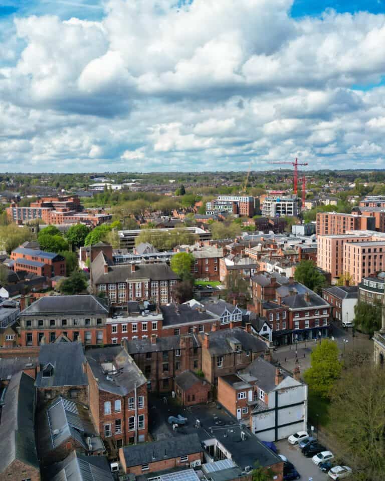 Aerial view of Derby city centre with the tower of Derby Cathedral rising above the rooftops