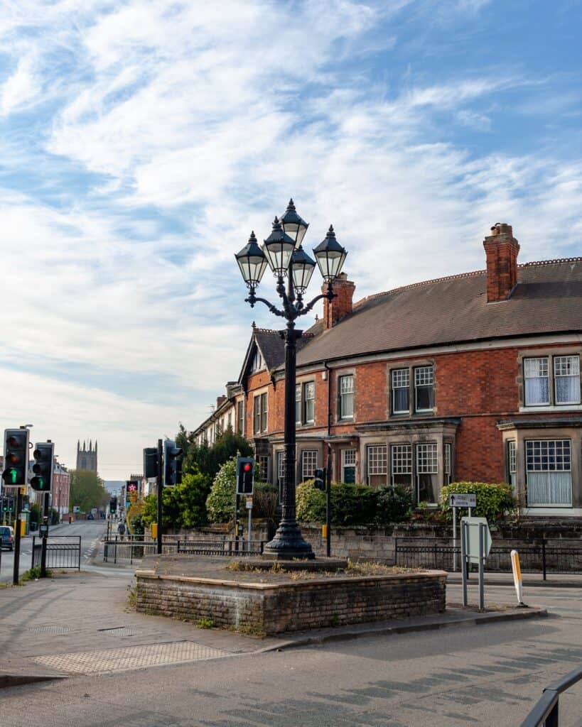 The Five Lamps landmark and period brick buildings on the north side of Derby city centre