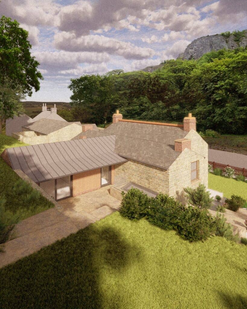 Visual of a contemporary extension to a stone house at Matlock Bath, Derbyshire