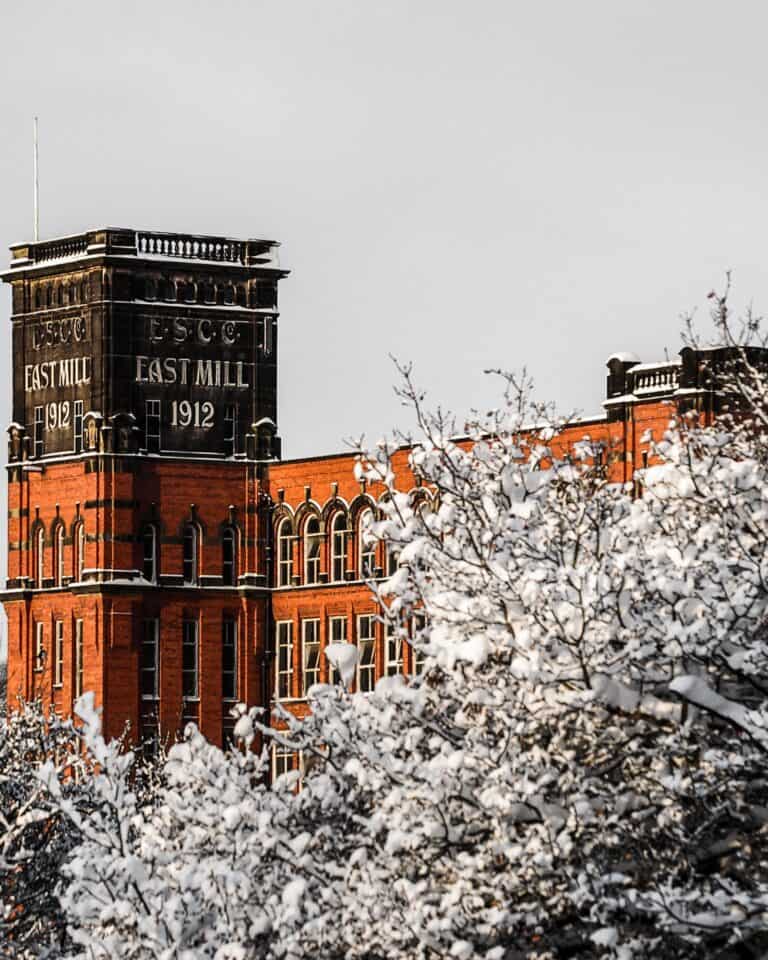 Belper East Mill in the snow, the landmark of this Derwent Valley mill town
