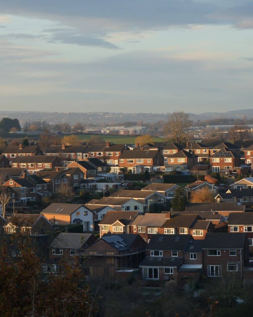 Rooftops across Dronfield at sunset on a winter afternoon