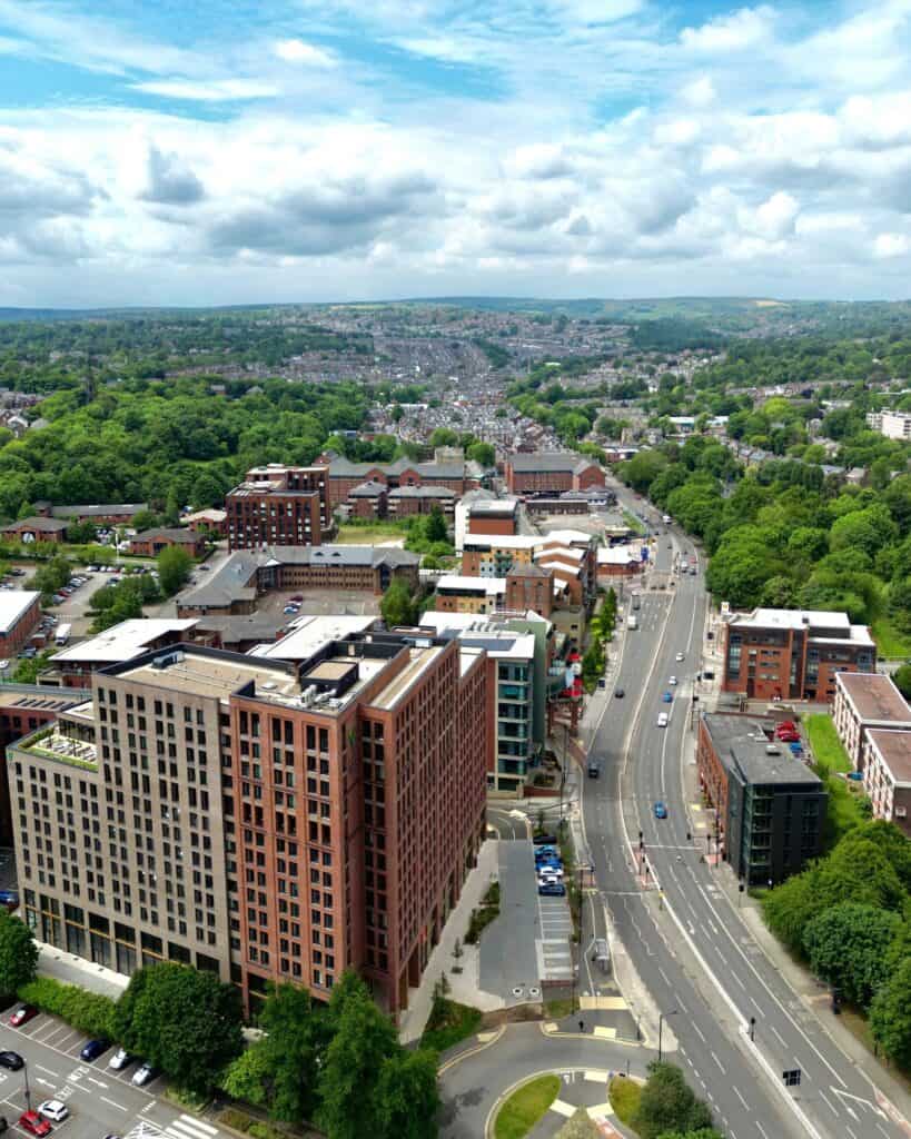Ecclesall Road, Sheffield, seen from above beneath mature tree cover