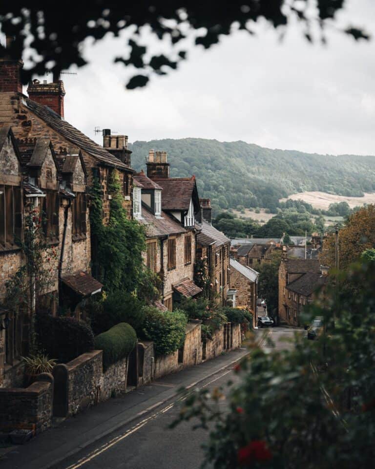 Traditional gritstone terraced houses in a Peak District village